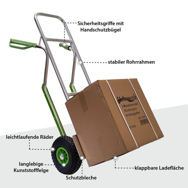 Sackkarre mit stabilem Rohrrahmen, Sicherheitsgriffen, klappbarer Ladefläche, Schutzblechen und leichtlaufenden Rädern mit Kunststofffelgen.