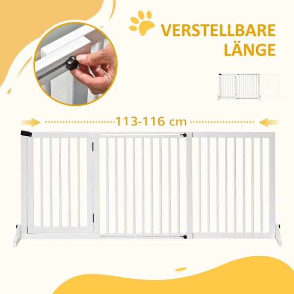 PawHut Absperrgitter Hunde Türschutzgitter Schutzgitter aus Holz Freistehendes Hundegitter mit Tür Hundeabsperrgitter Konfigurationsgitter für Kamin & Ofen Weiß 113-166 x 36 x 71 cm