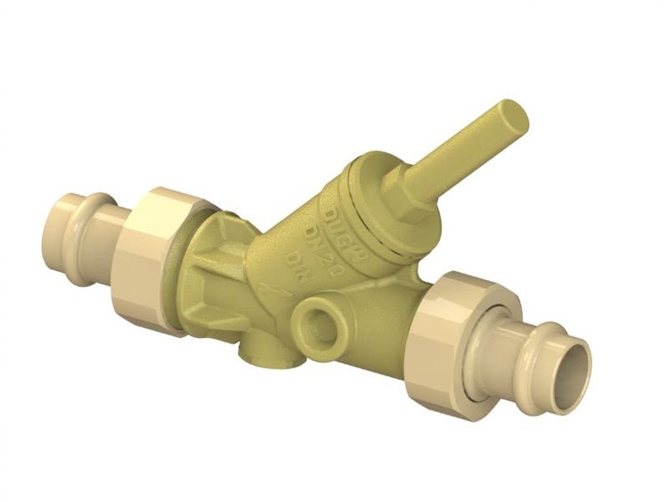 Freistromventil aus Messing mit beidseitigem Pressanschluss, Nennweite 20.