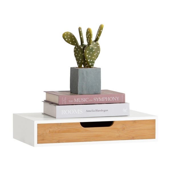 Wandregal mit Schublade, Büchern und Kaktusdekoration