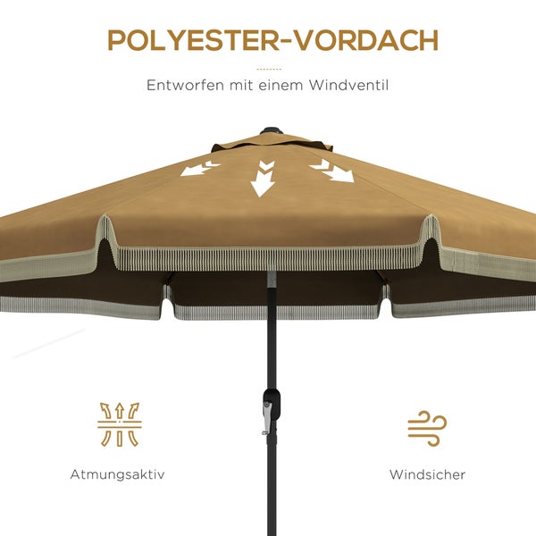 Outsunny Sonnenschirm, Terrassenschirm mit Fransen, neigbarer Strandschirm mit 8 Rippen, für Garten, Balkon, Ø265 cm, Polyester, Stahl, Khaki