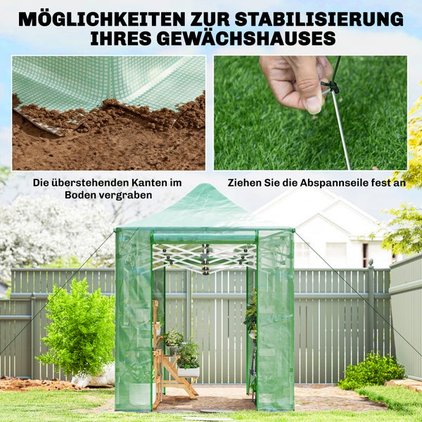 Infografik zeigt Stabilisierungsmöglichkeiten für ein Gewächshaus: Überstehende Kanten im Boden vergraben und Abspannseile mit Erdnägeln befestigen.