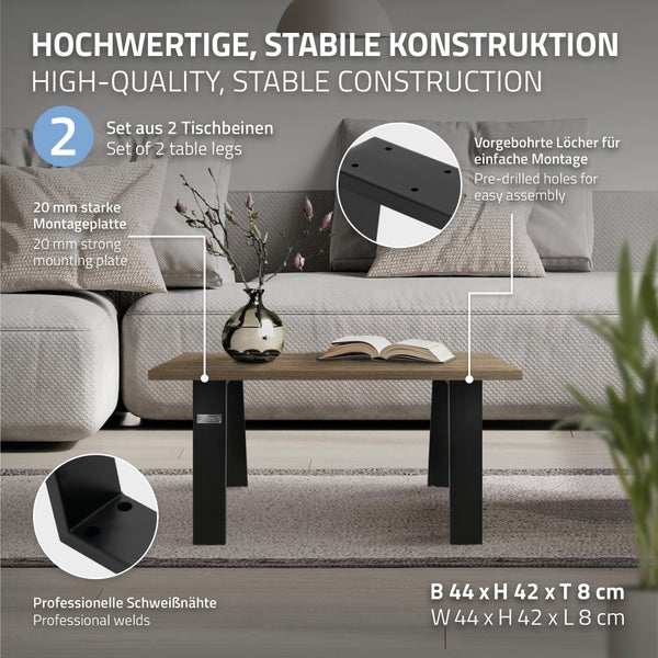 ML-Design 2er Set Tischbeine Loft 44x42 cm, Schwarz, Profil 8x2 cm, Stahl, Industriedesign, U-Form, Metall Tischgestell scandic, Tischkufen Tischuntergestell Möbelfüße Bankkufen Bankgestell Bankbeine