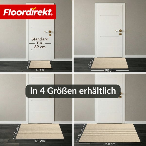 Gerippte Fußmatte in vier verschiedenen Größen von 60 mal 40 Zentimeter bis 150 mal 90 Zentimeter vor einer Tür dargestellt. Floordirekt Logo.