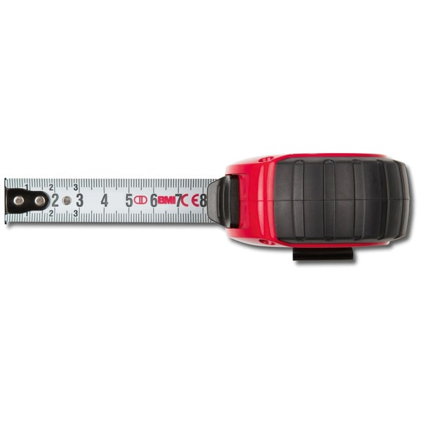Rollbandmaß mit rot-schwarzem Kunststoffgehäuse und ausziehbarem Stahlband mit metrischer Skala.