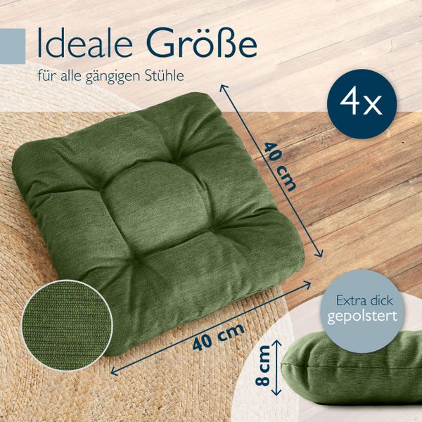 Quadratisches, dick gepolstertes Stuhlkissen, 40 mal 40 Zentimeter, im Viererpack