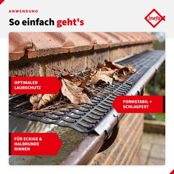 Inefa Laubschutzgitter auf einer Dachrinne montiert, verhindert das Eindringen von Laub, geeignet für eckige und halbrunde Dachrinnen.