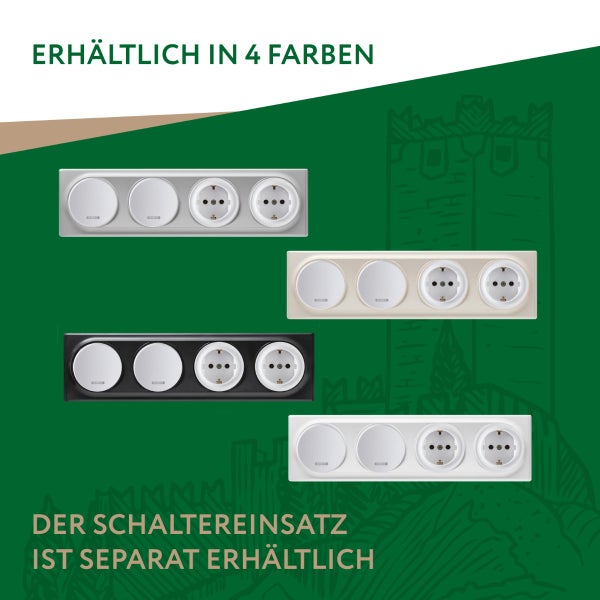 Vier Schalterrahmen für Unterputzmontage mit jeweils zwei Schaltern und zwei Steckdosen in verschiedenen Ausführungen