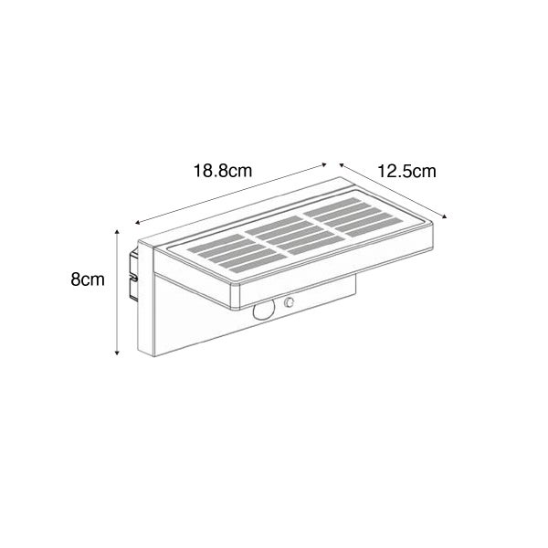 Maßzeichnung einer Solar-Wandleuchte mit 18,8 Zentimeter Breite, 12,5 Zentimeter Tiefe und 8 Zentimeter Höhe.