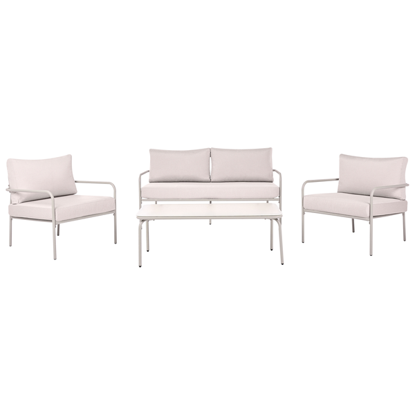 Garten-Lounge-Set bestehend aus einem Zweisitzer-Sofa, zwei Sesseln und einem Couchtisch, mit Metallgestellen und gepolsterten Kissen.