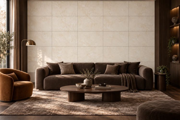 Modernes Wohnzimmer mit großformatigen hellen Wandfliesen in Marmoroptik, kombiniert mit dunklem Mobiliar und einem bequemen Sofa.