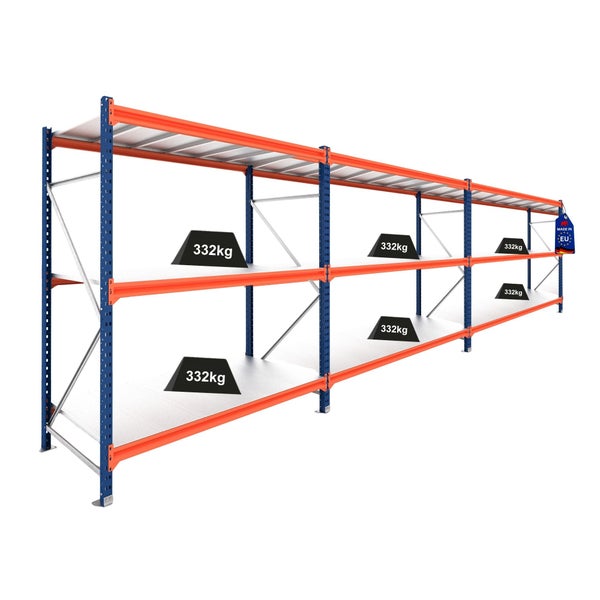 Weitspannregal aus Metall mit blauen Stehern, orangefarbenen Traversen und verzinkten Böden, Tragkraft 332 Kilogramm pro Fachboden.