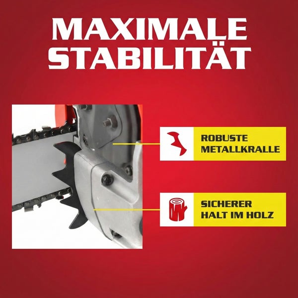 Maximale Stabilität: Detailansicht einer Kettensäge mit robusten Metallkrallen für sicheren Halt im Holz