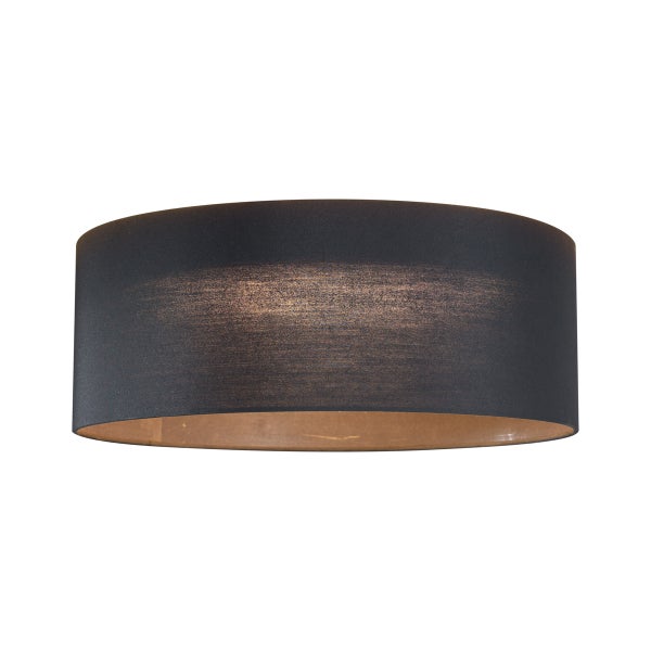 Zylindrische Deckenleuchte mit schwarzem Stoffschirm und goldener Innenseite.