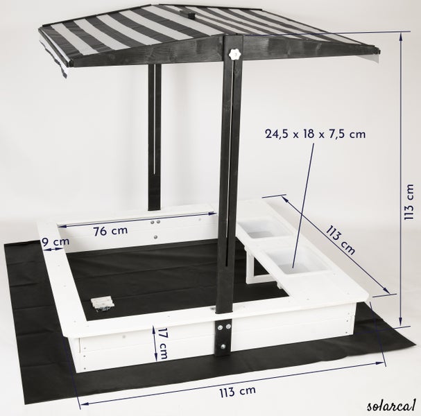 WONDERMAKE® Design Sandkasten mit Matschküche, Dach, Abdeckung OXFORD 420D, Vliesfolie, Sandkiste Holz quadratisch verschließbar Outdoor Garten für Kinder, schwarz weiß