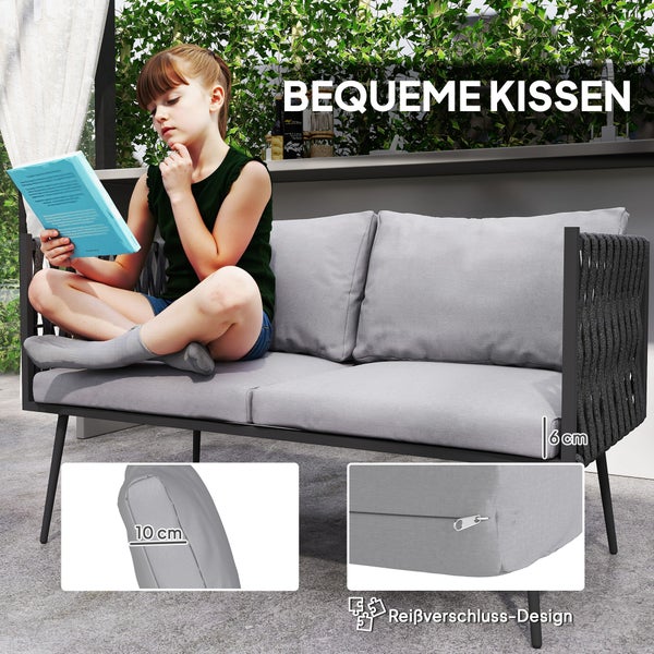 Outsunny Gartenmöbel Set 4 Personen wetterfest Balkonmöbel-Set mit 2er Sofa, Sessel Glastisch Sitzkissen Outdoor Sitzgruppe Gartengarnitur Gartenlounge für Garten Balkon Hellgrau