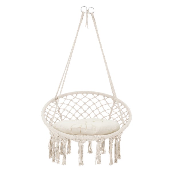 ECD Germany Hängesessel zum Aufhängen mit Sitzkissen, Beige, Boho Style, Makramee Design, Baumwolle, Ø 60cm, Belastbar bis 120kg, Geflochten Fransen Hängesitz Hängestuhl Hängeschaukel, Indoor/Outdoor