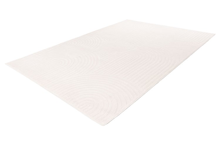 Rechteckiger Teppich mit geometrischem Linienmuster in Bogenform.