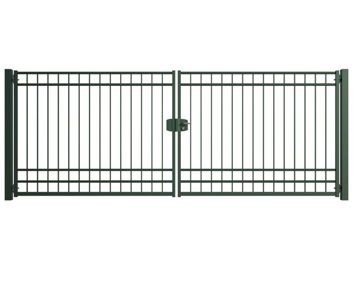 Doppelflügeltor mit vertikalen Stäben und Schloss