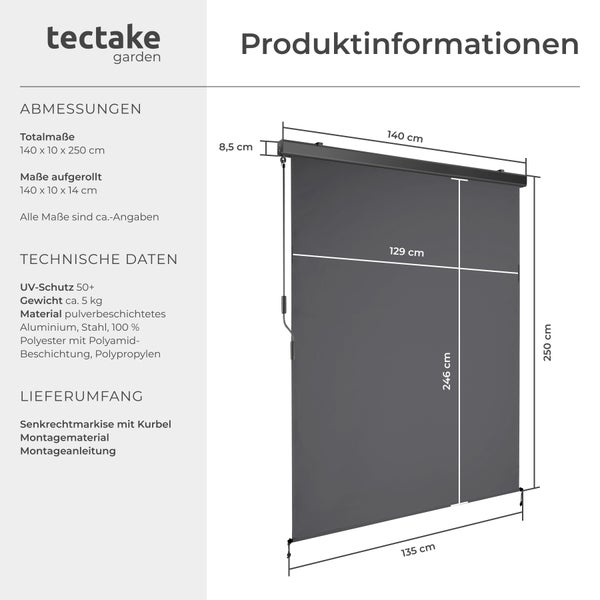 Senkrechtmarkise tectake Eloise inkl. Wandhaltern verschiedene Größen schwarz