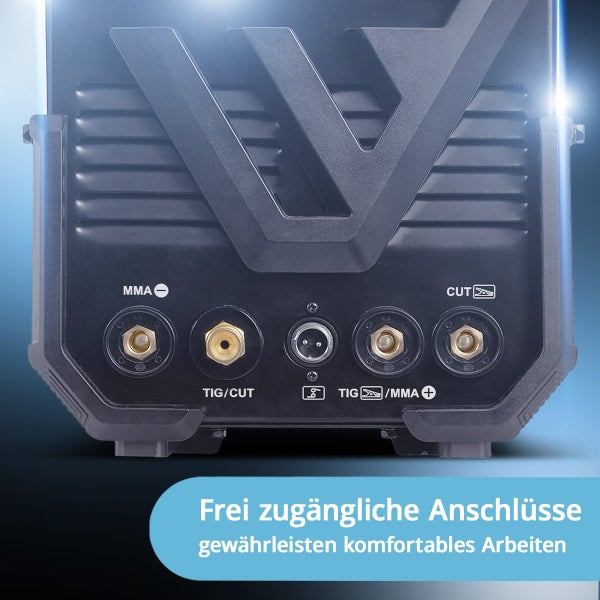 Vorderansicht eines Schweißgeräts mit frei zugänglichen Anschlüssen für MMA, WIG und Schneidbrenner.