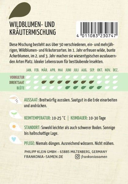Wildblumen und Kräutermischung, Informationen zu Aussaat, Keimtemperatur, Standort und Pflege