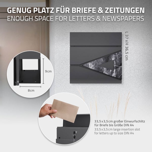 Grauer Briefkasten mit Zeitungsfach und den Maßen 37 x 36,5 cm