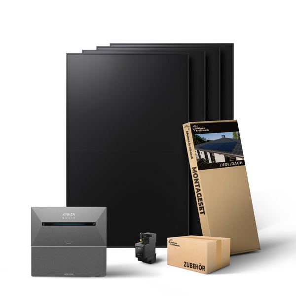 Balkonkraftwerk Komplettset mit vier Solarpanelen, Anker SOLIX Solarbank 2 Pro, Montageset für Ziegeldach und Zubehörbox.