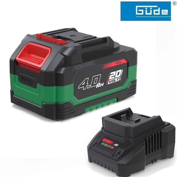 Güde Logo, Güde Akku-Set bestehend aus einem 20 Volt Lithium-Ionen-Akku mit 4,0 Amperestunden und einem Ladegerät.