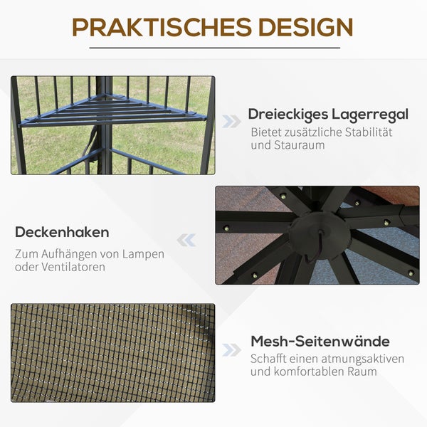 Details eines Pavillons: Dreieckiges Regal, Deckenhaken, Mesh-Seitenwände