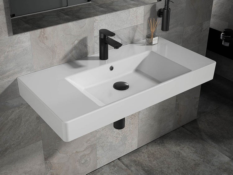 Aqua Bagno Quadra Soft Waschbecken KP.90 – 91 x 45,5 cm – Weiß Hochglanz – Keramikbecken mit Hahnloch & Überlauf