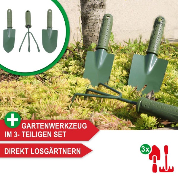 Dreiteiliges Gartenwerkzeug-Set bestehend aus zwei Handschaufeln und einem Kleingrubber zum direkten Losgärtnern zwischen Pflanzen.