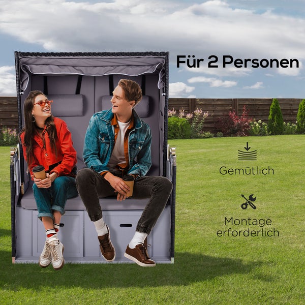 Outsunny Strandkorb Volllieger Doppelte Sonnenliege mit Dach Gartenliege Getränkehalter Chaiselounge PE Rattan Grau 118 x 79 x 50 cm