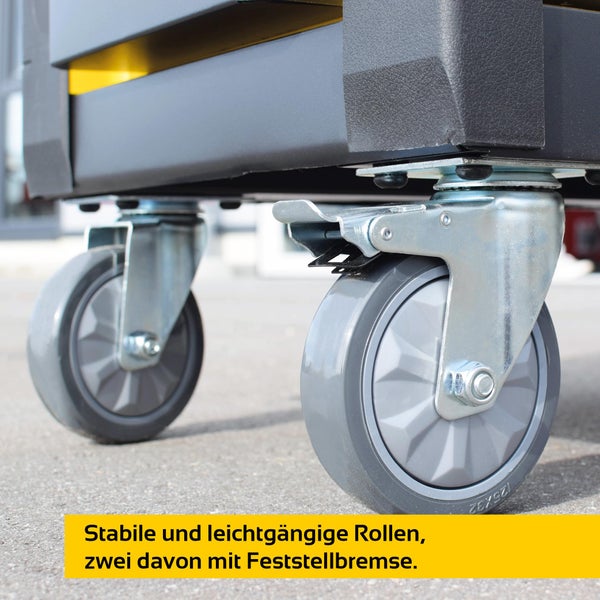 Stabile und leichtgängige Rollen für Werkstattwagen, zwei davon mit Feststellbremse.
