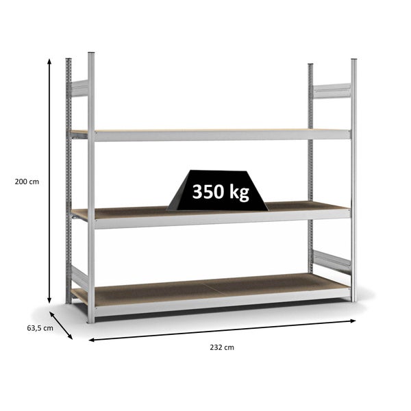 PROREGAL Weitspannregal Stecksystem T-Profil Grundregal HxBxT 200x225x60 cm 3 Ebenen Spanplatten Fachboden Fachlast 350 kg Verzinkt