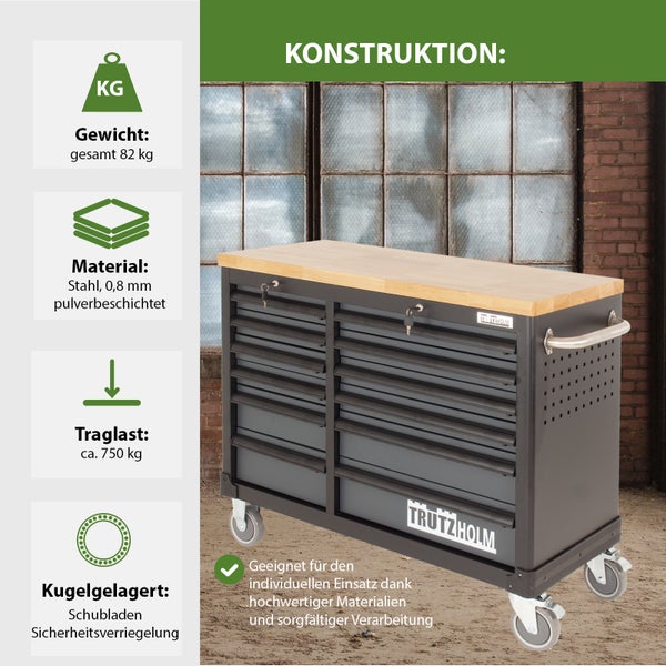 Werkstattwagen DELUXE 12 Schubladen unbestückt mit massiver Arbeitsplatte Anthrazit/grau