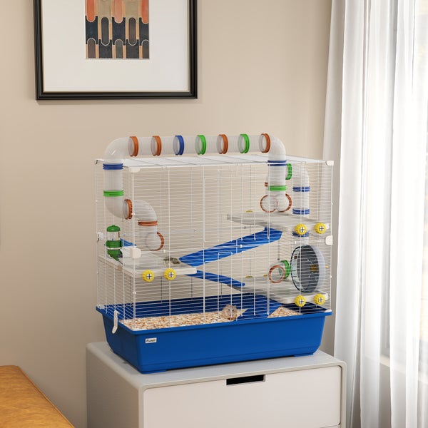 PawHut Hamsterkäfig für Zwerghamster 4 Etagen Nagerkäfig Kleintierkäfig mit Laufrad Futternapf und Zubehör, groß Mäusekäfig Käfig 78 x 45 x 73 cm Blau
