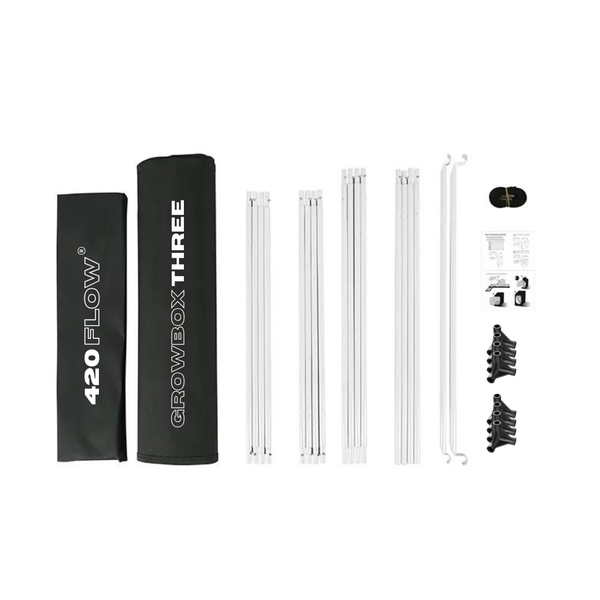 Set mit Growbox Zeltplane, Metallstangen, Verbindungsstücken und Anleitung für die Montage einer 420 Flow Growbox