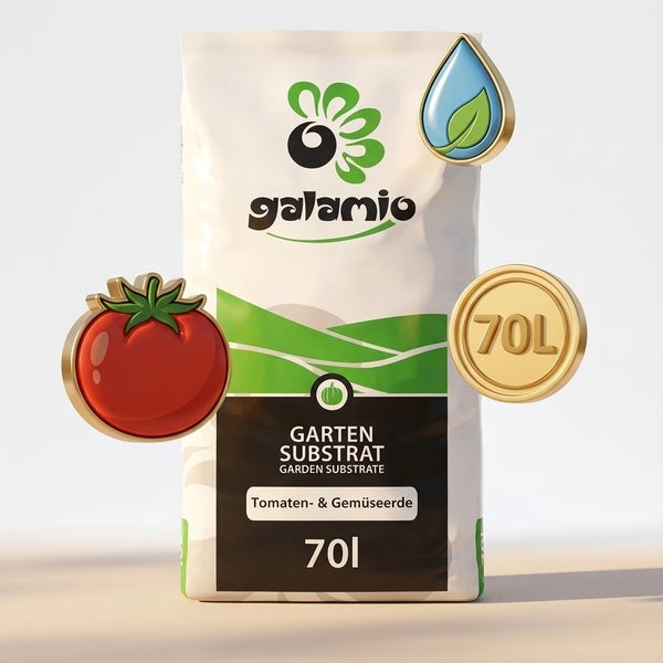 galamio Logo auf einem Sack Tomaten- und Gemüseerde mit 70 Liter Inhalt, Symbole für Tomaten, Pflanzenwachstum und Volumen.