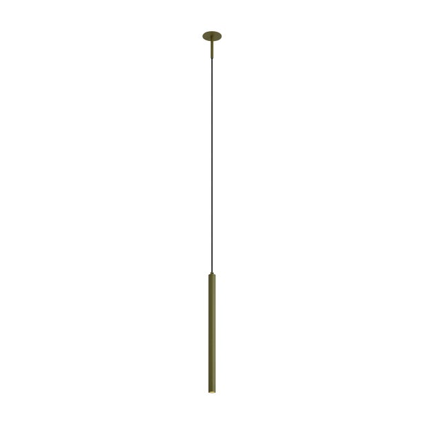Minimalistische Pendelleuchte mit schlankem, zylindrischem Lampenschirm und langer Kabelaufhängung.
