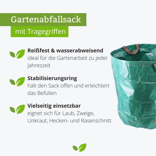 Gartenabfallsack mit Tragegriffen, reißfest und wasserabweisend mit Stabilisierungsring zum einfachen Befüllen für Gartenabfälle wie Laub.