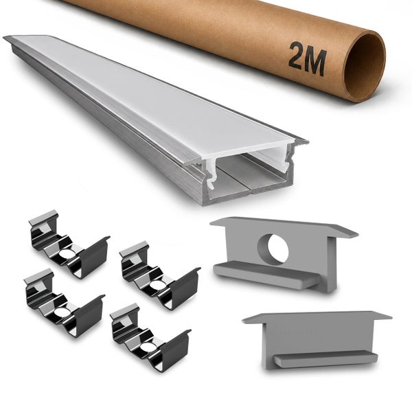 LED Aluminium Einbauprofil mit Abdeckung und zwei Meter Versandrolle, inklusive Befestigungsclips und Endkappen