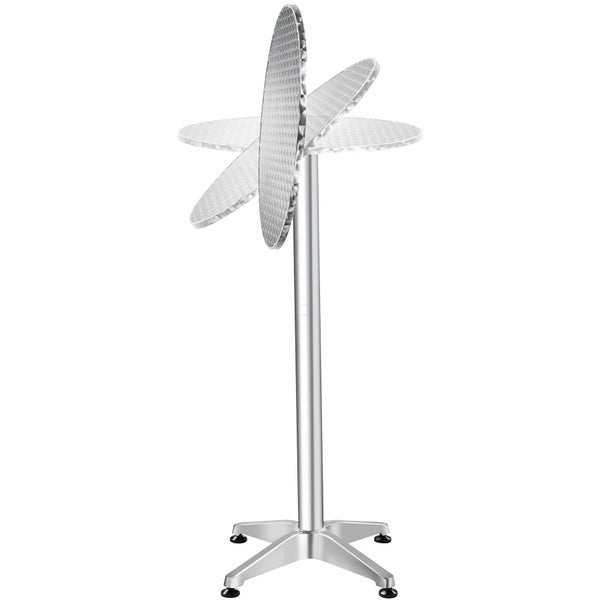 Klappbarer Stehtisch aus Aluminium mit runder Tischplatte und kreuzförmigem Standfuß, Darstellung der Neigung des Tischblatts.