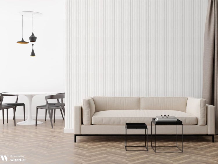 Modernes Wohnzimmer mit hellem Sofa, gerippter Wandverkleidung, Parkettboden in Fischgrätmuster, Beistelltischen und einem Essbereich im Hintergrund.