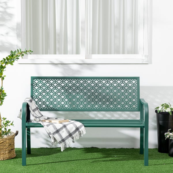 Outsunny Gartenbank Stahl, 2-Sitzer Parkbank mit Rückenlehne & Armlehne, Sitzbank mit Blumenmuster, 127 x 63 x 83 cm, Stahl, Dunkelgrün