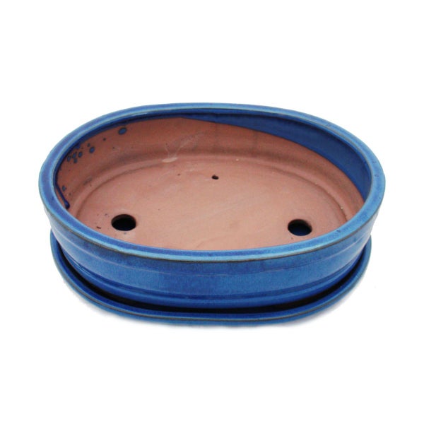 Bonsai-Schale mit Unterteller Gr. 5 - Blau - oval - Modell O7 - L 31cm - B 24cm - H 7,5 cm