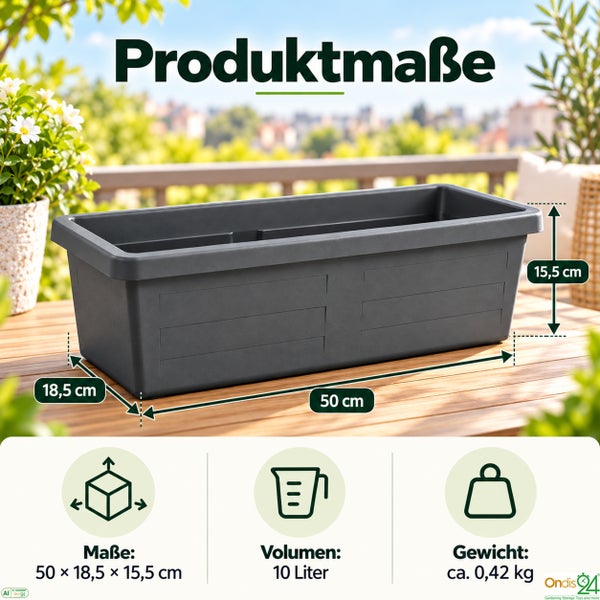 Rechteckiger Pflanzkasten aus Kunststoff mit den Maßen 50 mal 18,5 mal 15,5 Zentimeter, einem Volumen von 10 Litern und 0,42 Kilogramm Gewicht.