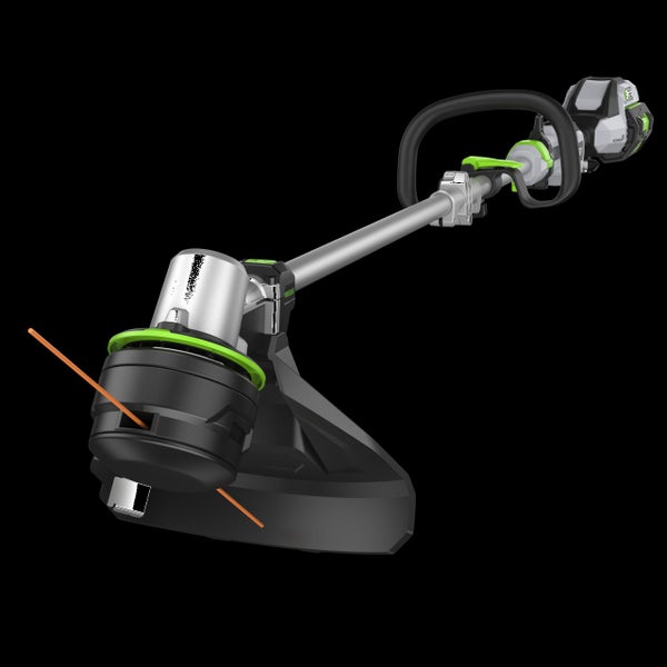 Akku-Rasentrimmer mit Rundumgriff und orangefarbenem Mähfaden.