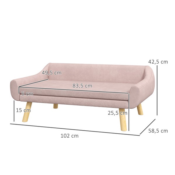 PawHut Hundesofa Katzensofa mit Rückenlehne, Hundecouch mit Holzbeine, Haustiersofa mit Kissen, Hundebett für mittelgroße und große Hunde, Samt, Rosa, 102 x 58,5 x 42,5 cm
