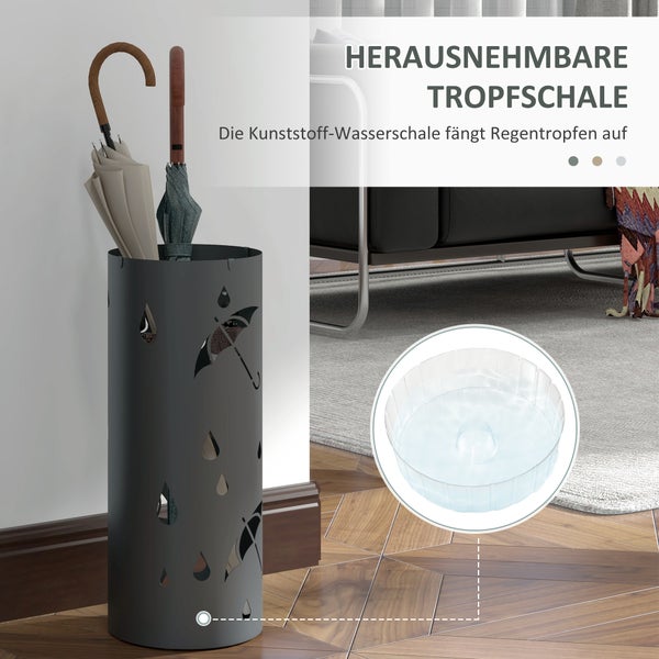 HOMCOM Schirmständer Regenschirmständer mit 4 Haken und abnehmbarer Tropfschale Schirmhalter für Gehstöcke & Regenschirme Stahl Ø17 x 41 cm Dunkelgrau